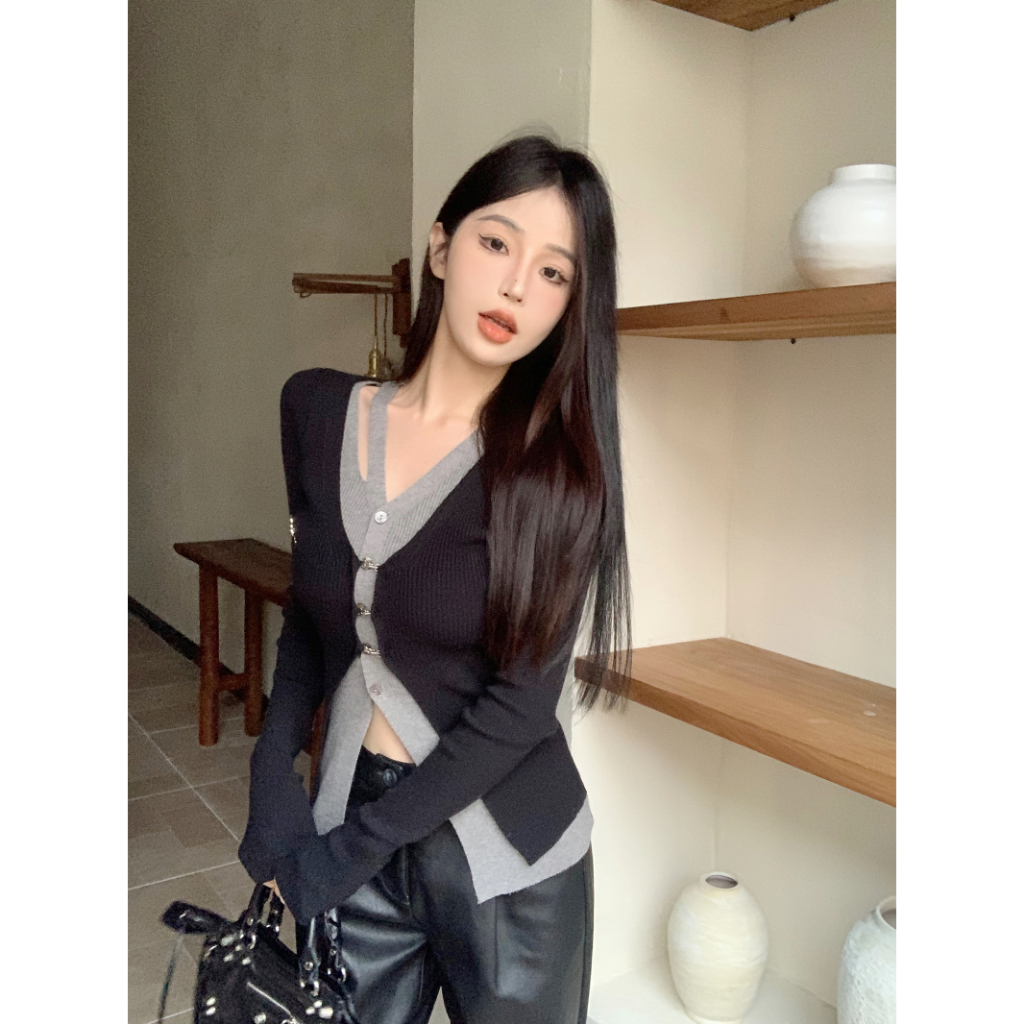 QADCOL Áo cardigan Dệt Kim Tay Dài Màu Sắc Tương Phản Thời Trang Mùa Thu Cho Nữ