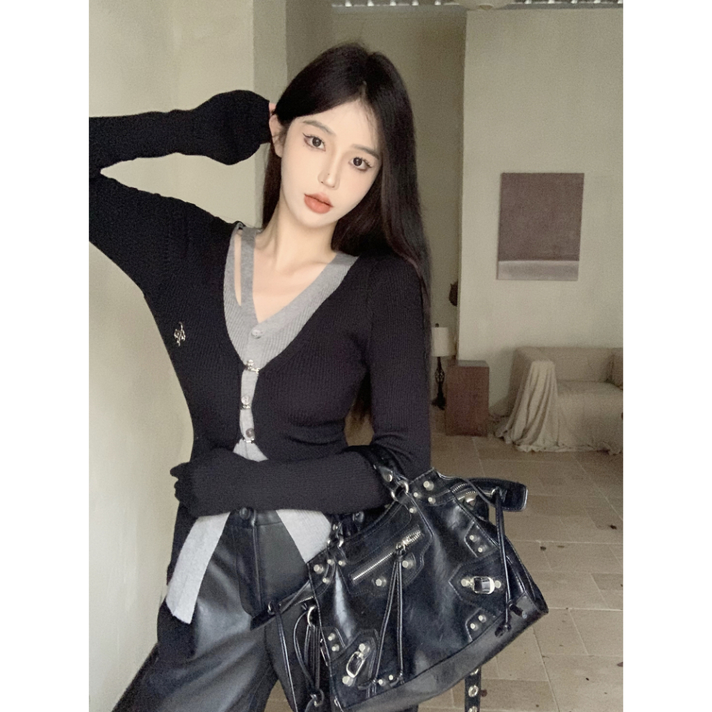 QADCOL Áo cardigan Dệt Kim Tay Dài Màu Sắc Tương Phản Thời Trang Mùa Thu Cho Nữ