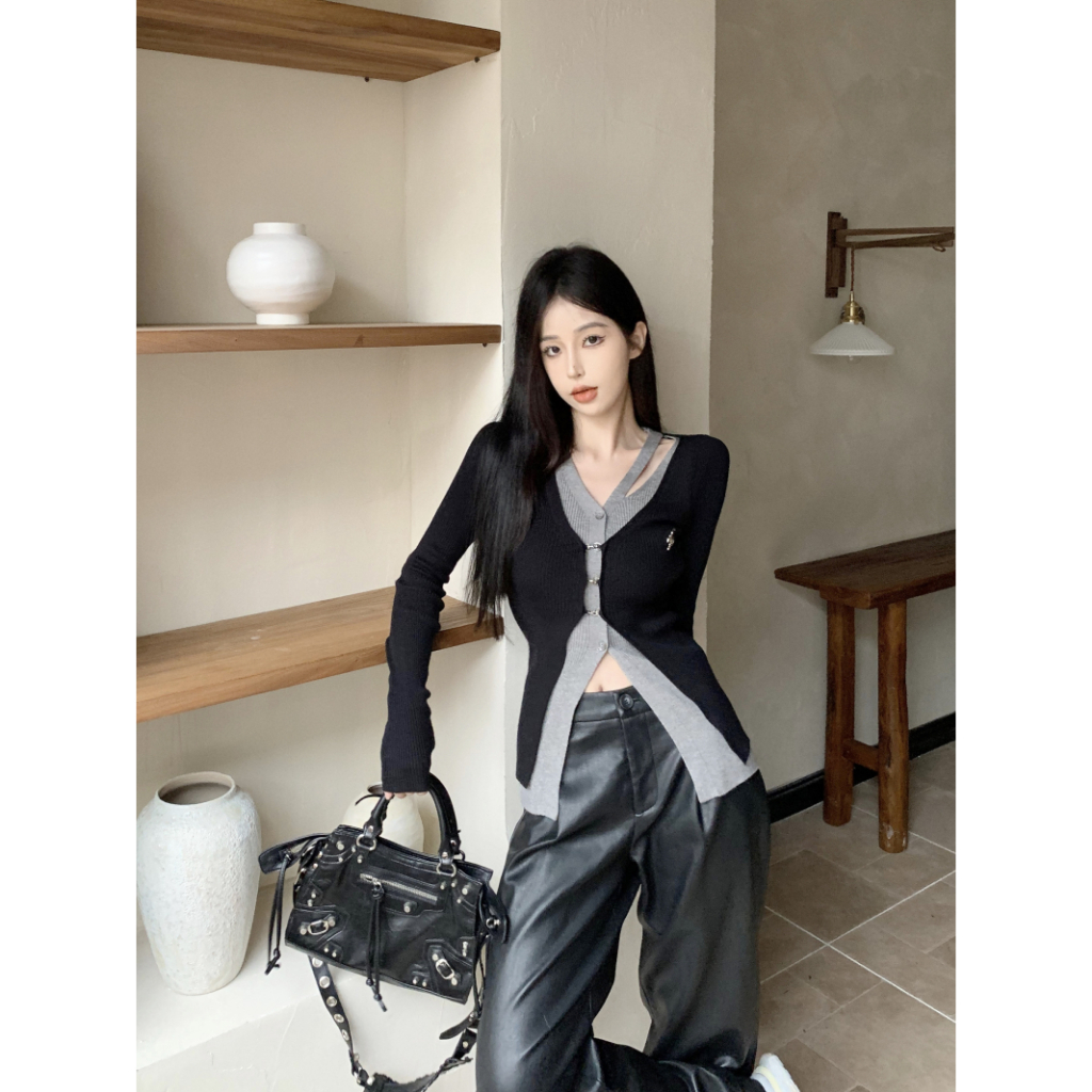 QADCOL Áo cardigan Dệt Kim Tay Dài Màu Sắc Tương Phản Thời Trang Mùa Thu Cho Nữ