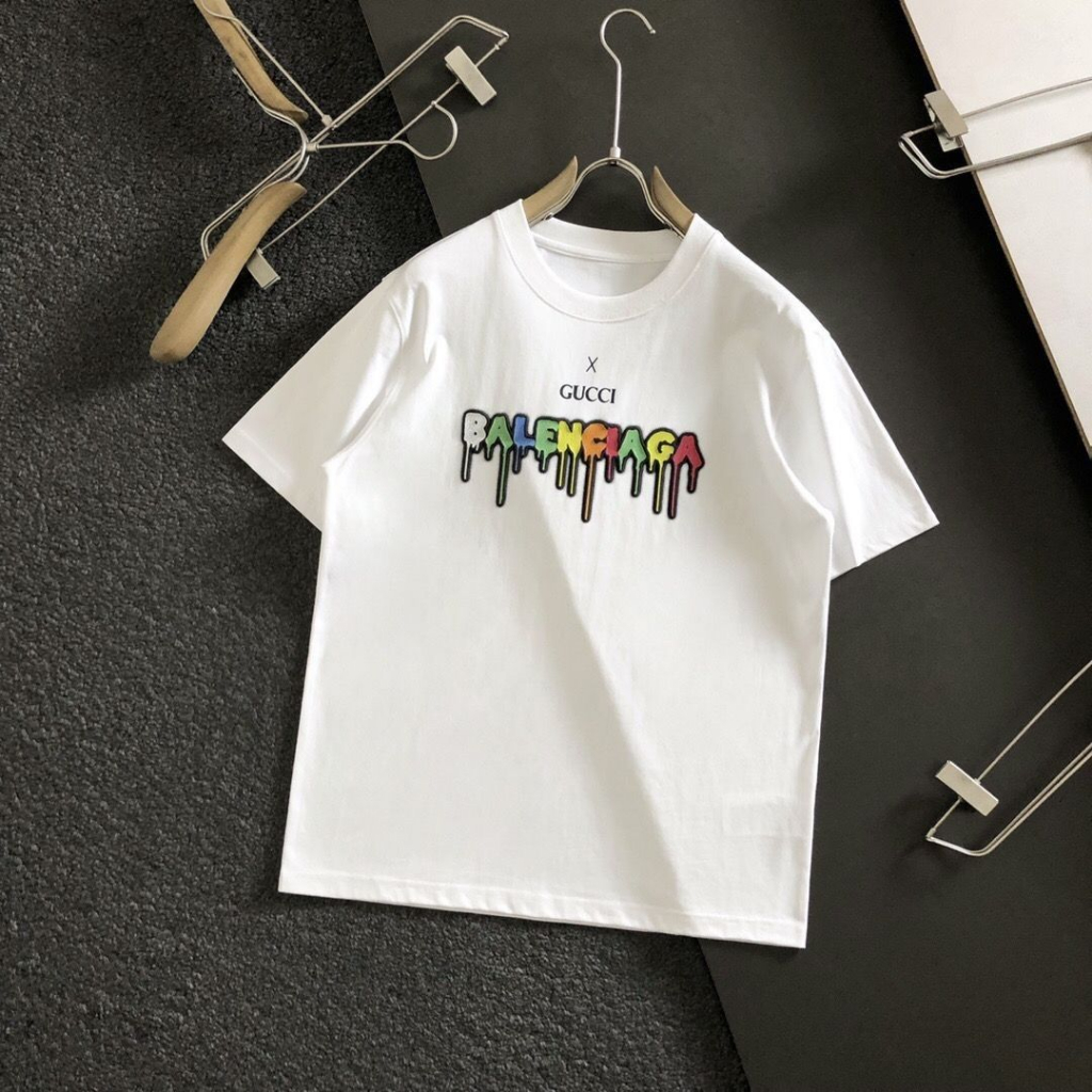 Balenciag Áo Thun cotton Ngắn Tay Cổ Tròn In Chữ paris Cá Tính