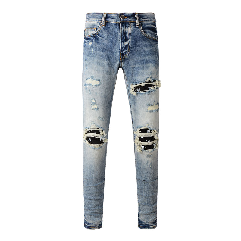 Amiri Street Fashion Men Jeans Blue Retro Hole Patch Printing Process Design High Quality Men Jeans