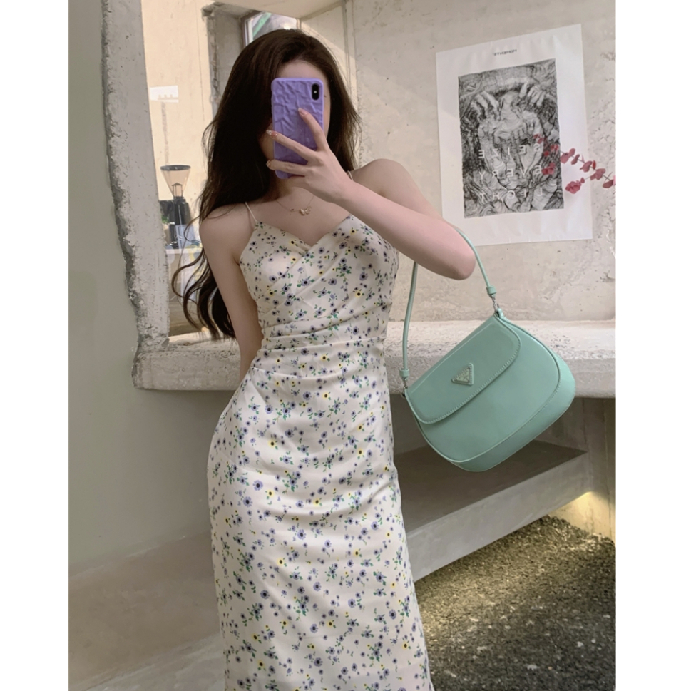Đầm Hoa Hai Dây Cổ Chữ V Dáng Rộng Thời Trang Hàn Quốc Gợi Cảm Cho Nữ