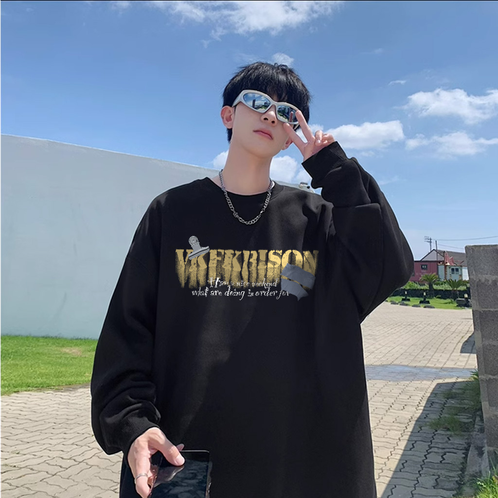 Áo sweater BEEYANBUY V0005 100% cotton dài tay dáng rộng in hình đẹp mắt màu đen thời trang unisex cho nam
