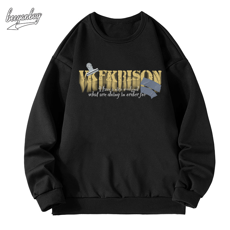 Áo sweater BEEYANBUY V0005 100% cotton dài tay dáng rộng in hình đẹp mắt màu đen thời trang unisex cho nam