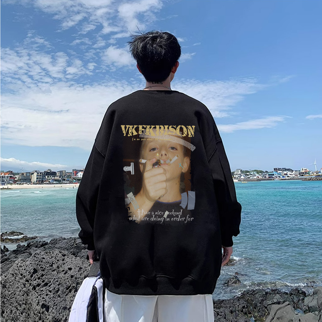 Áo sweater BEEYANBUY V0005 100% cotton dài tay dáng rộng in hình đẹp mắt màu đen thời trang unisex cho nam