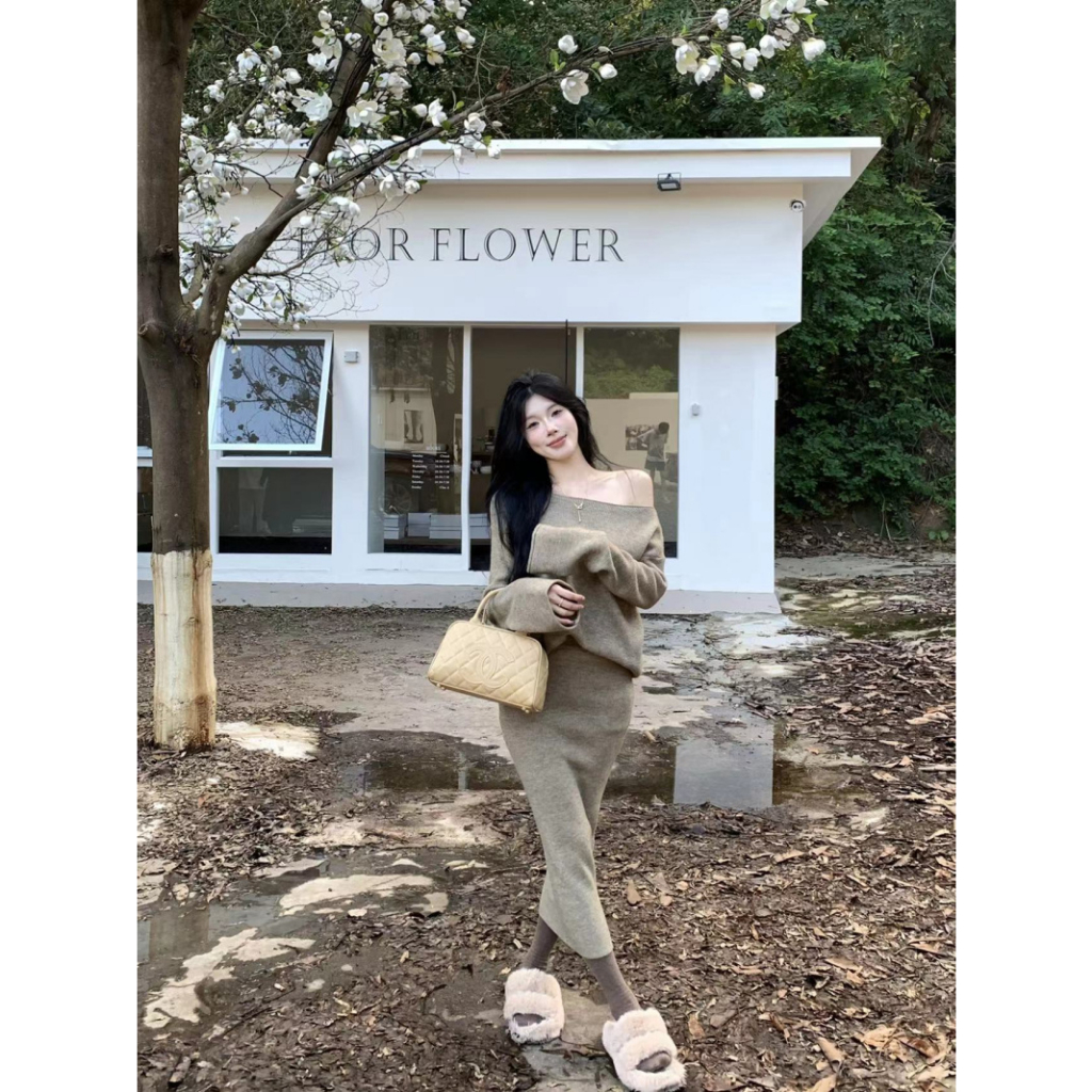 Set Áo Len Tay Dài Trễ Vai + Chân Váy Lưng Cao Thời Trang Nữ