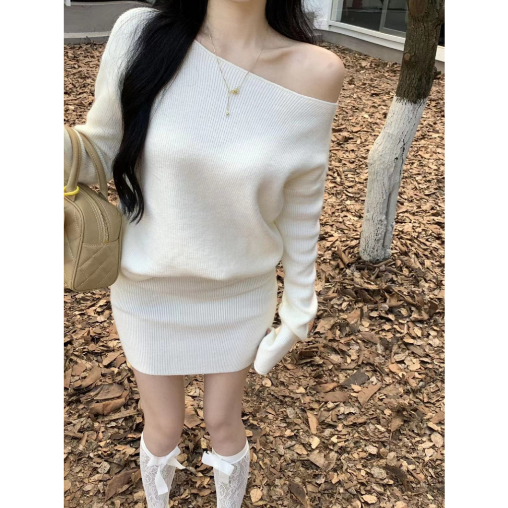 Set Áo Len Tay Dài Trễ Vai + Chân Váy Lưng Cao Thời Trang Nữ