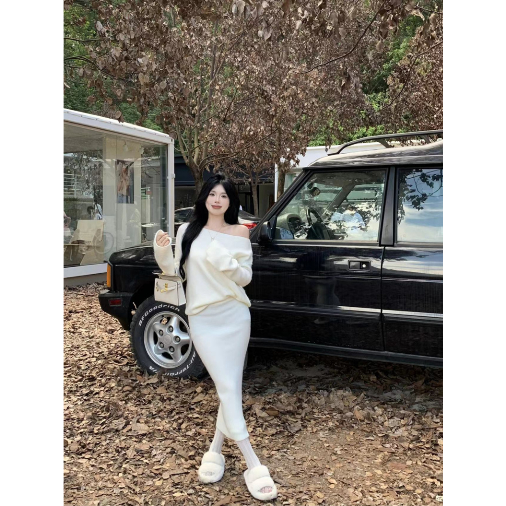 Set Áo Len Tay Dài Trễ Vai + Chân Váy Lưng Cao Thời Trang Nữ