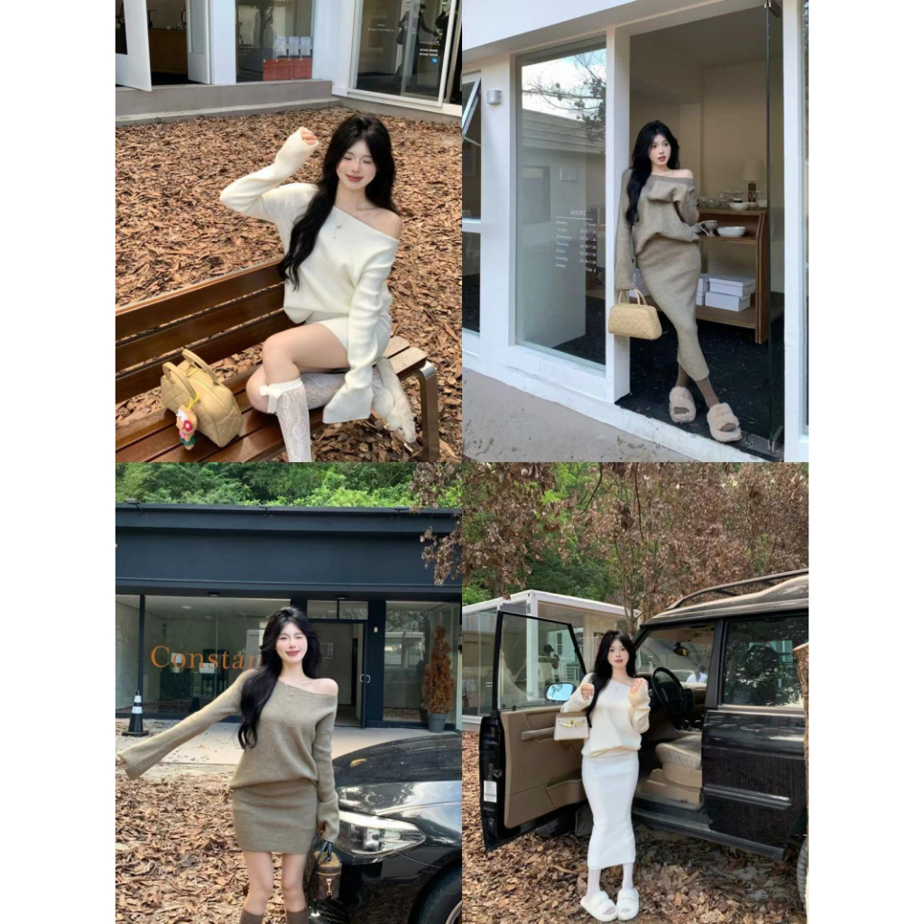 Set Áo Len Tay Dài Trễ Vai + Chân Váy Lưng Cao Thời Trang Nữ