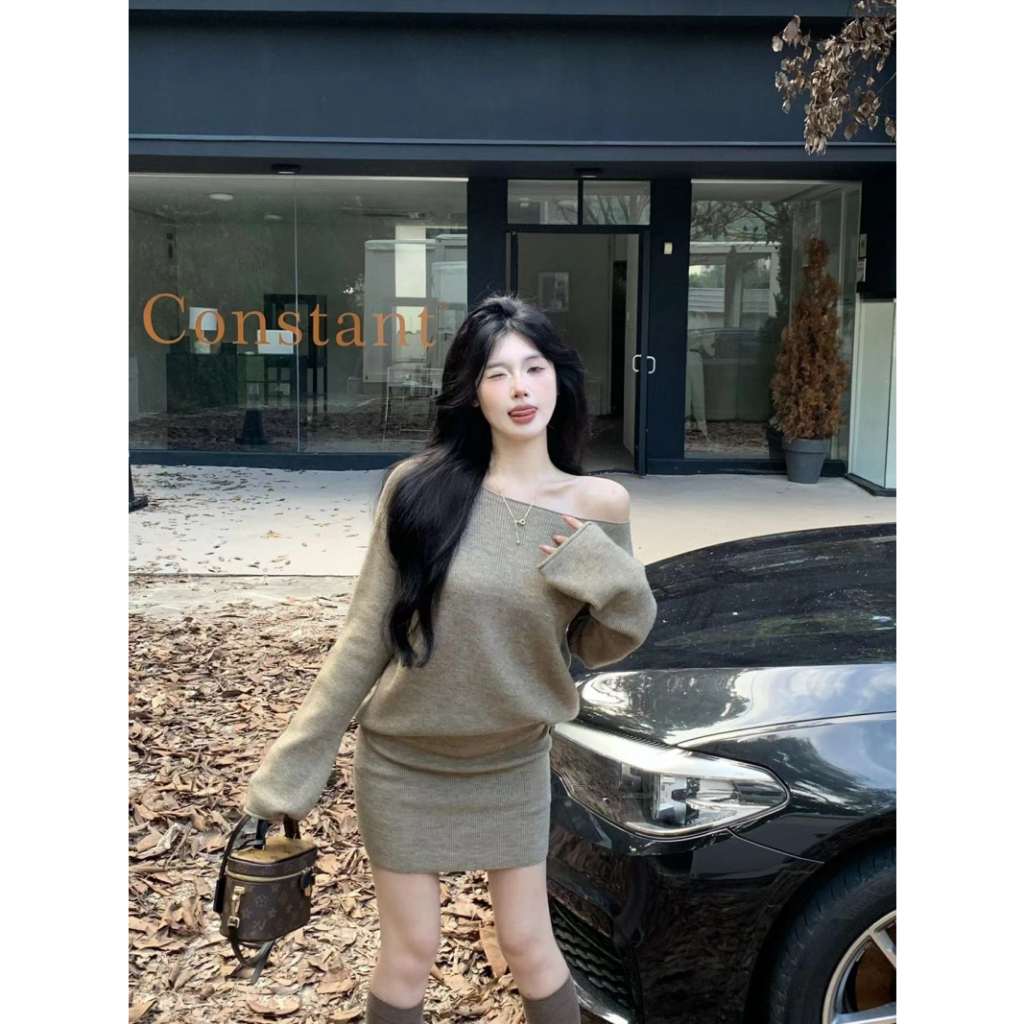 Set Áo Len Tay Dài Trễ Vai + Chân Váy Lưng Cao Thời Trang Nữ