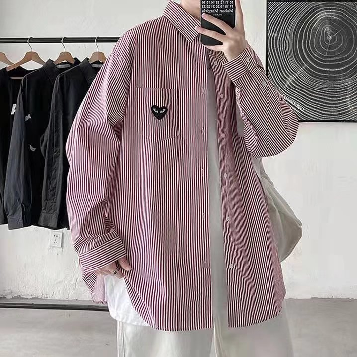 Áo Sơ Mi Tay Dài Kẻ Sọc In Hình Trái Tim Phong Cách harajuku 2023 Cho Nam