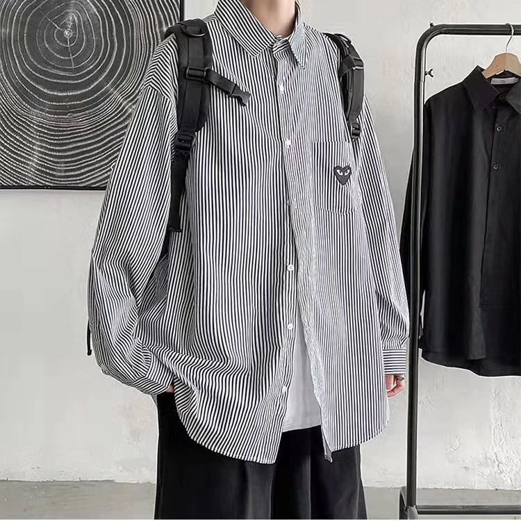 Áo Sơ Mi Tay Dài Kẻ Sọc In Hình Trái Tim Phong Cách harajuku 2023 Cho Nam