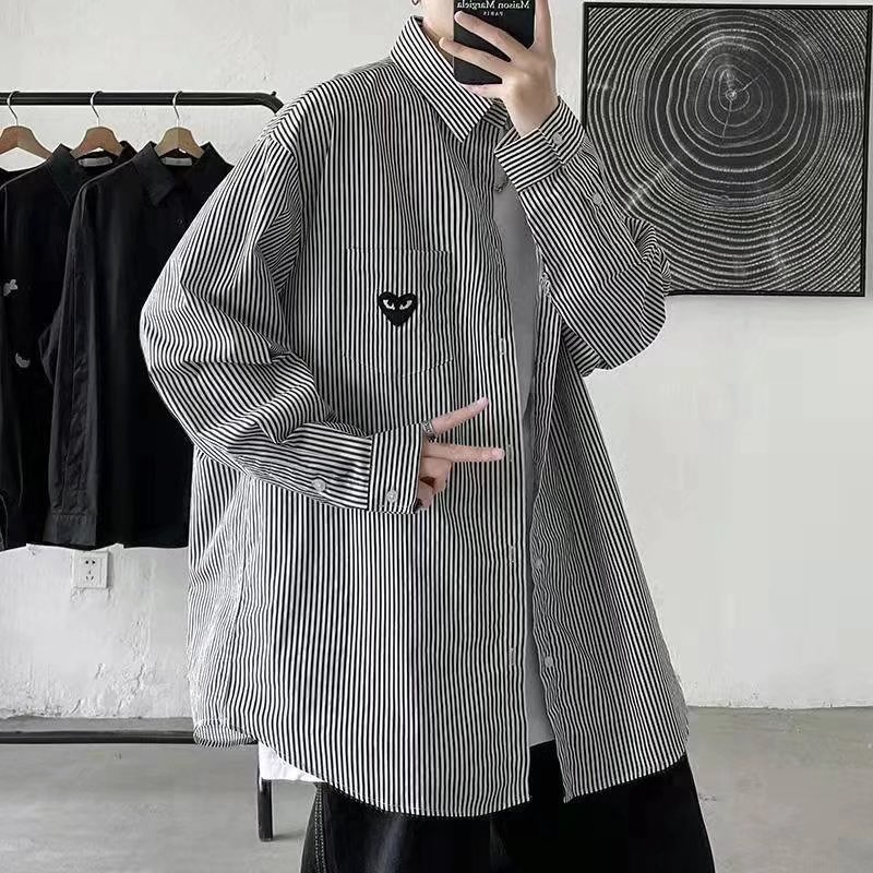 Áo Sơ Mi Tay Dài Kẻ Sọc In Hình Trái Tim Phong Cách harajuku 2023 Cho Nam