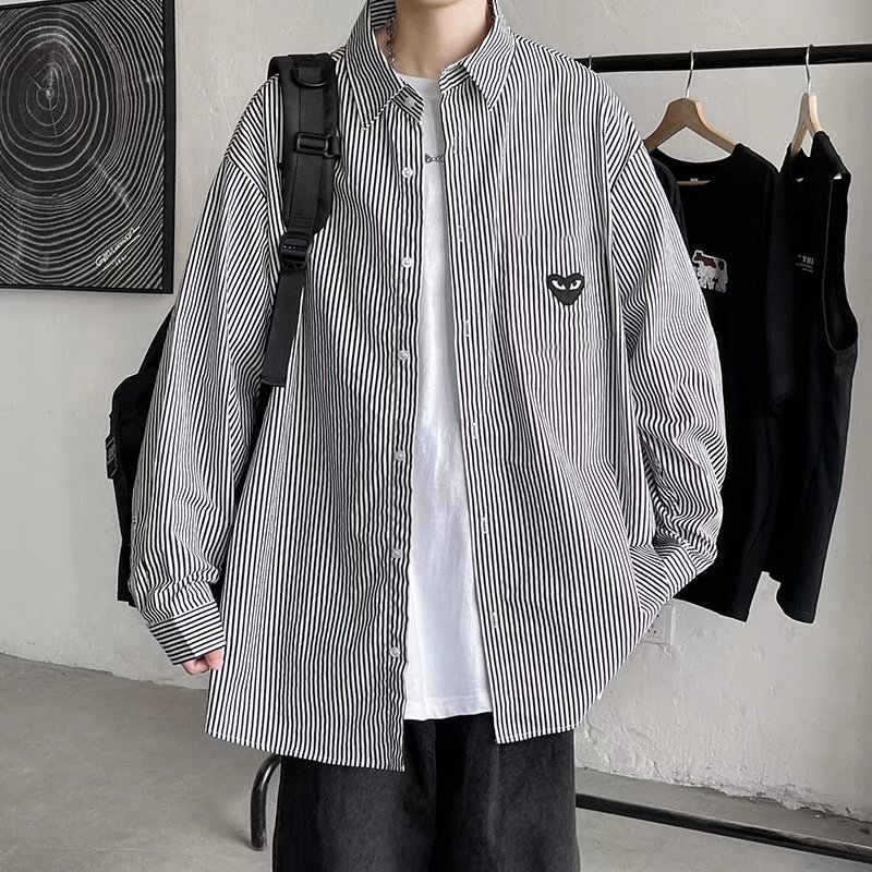 Áo Sơ Mi Tay Dài Kẻ Sọc In Hình Trái Tim Phong Cách harajuku 2023 Cho Nam
