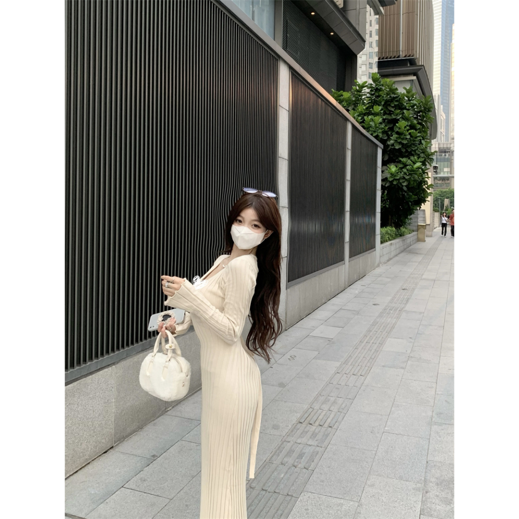 Đầm Dệt Kim Tay Dài Cổ Chữ v Phối Dây Thắt Eo Xinh Xắn Cho Nữ