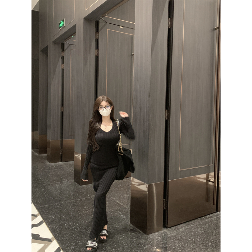 Đầm Dệt Kim Tay Dài Cổ Chữ v Phối Dây Thắt Eo Xinh Xắn Cho Nữ