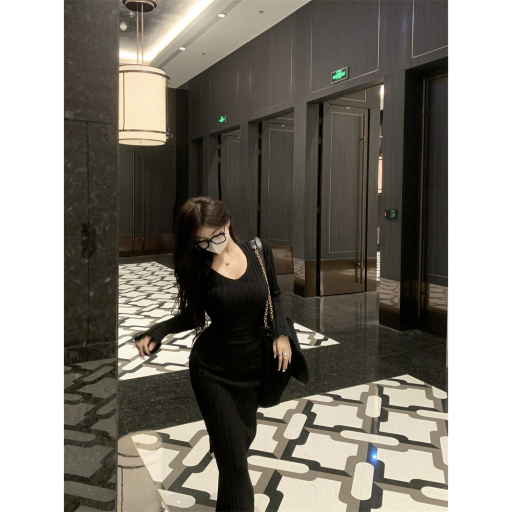 Đầm Dệt Kim Tay Dài Cổ Chữ v Phối Dây Thắt Eo Xinh Xắn Cho Nữ