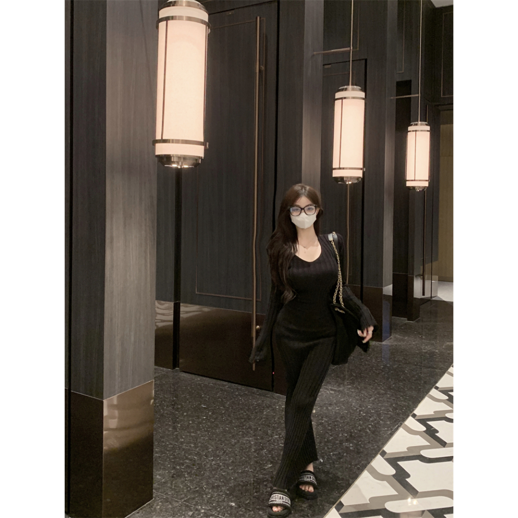 Đầm Dệt Kim Tay Dài Cổ Chữ v Phối Dây Thắt Eo Xinh Xắn Cho Nữ