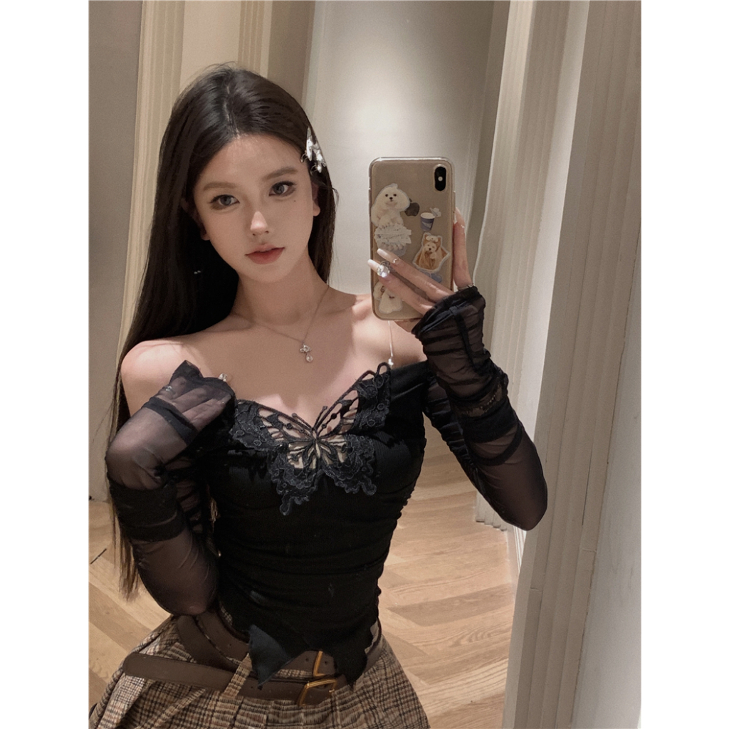 QKOOLE Áo Croptop Lưới Thêu Hình Bướm Dáng Ôm Quyến Rũ Thời Trang Mùa Thu Cho Nữ