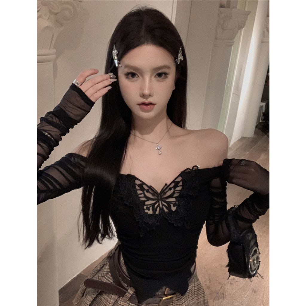 QKOOLE Áo Croptop Lưới Thêu Hình Bướm Dáng Ôm Quyến Rũ Thời Trang Mùa Thu Cho Nữ