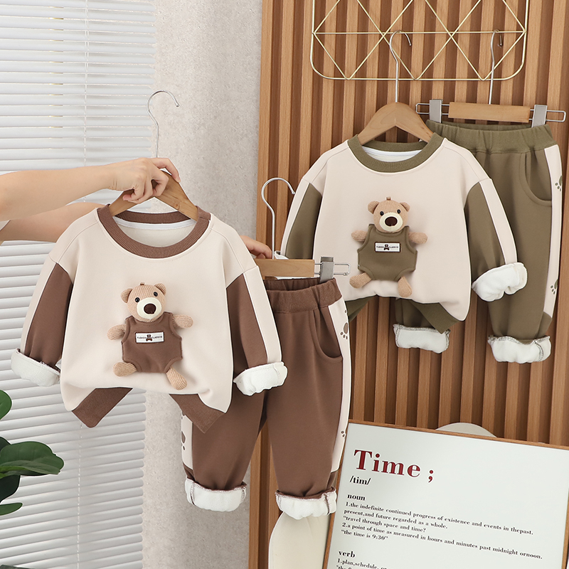 Bộ Áo Thun Tay Dài Cổ Tròn + Quần Dài Bằng Vải Lông Cừu Ba Chiều Phong Cách Hàn Quốc Thời Trang Mùa Đông Hàng Mới Dành Cho Bé Trai Và Bé Gái 80-120cm