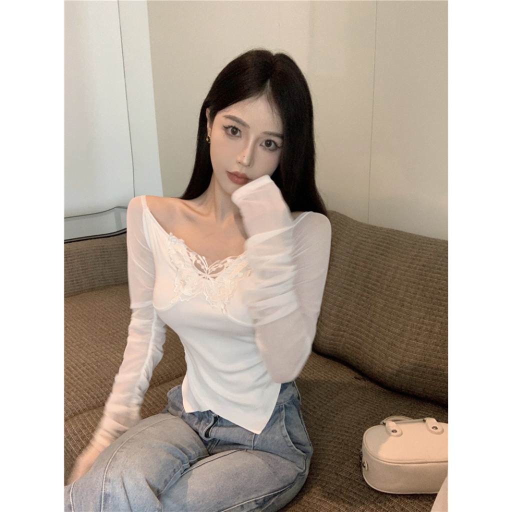 QKOOLE Áo Croptop Lưới Thêu Hình Bướm Dáng Ôm Quyến Rũ Thời Trang Mùa Thu Cho Nữ