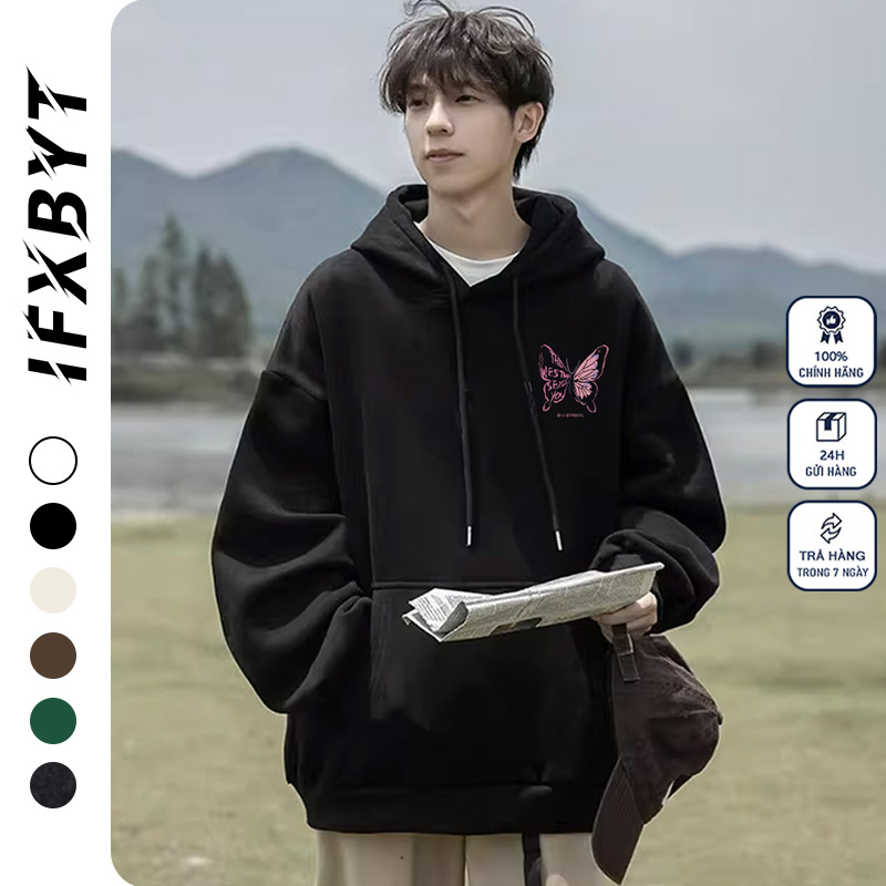 Áo Hoodie Cotton đen IFXBYT áo nỉ tay dài thời trang vintage in hình unisex 100% cotton-Y0488