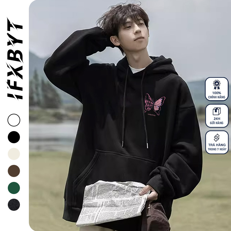 Áo Hoodie Cotton đen IFXBYT áo nỉ tay dài thời trang vintage in hình unisex 100% cotton-Y0488