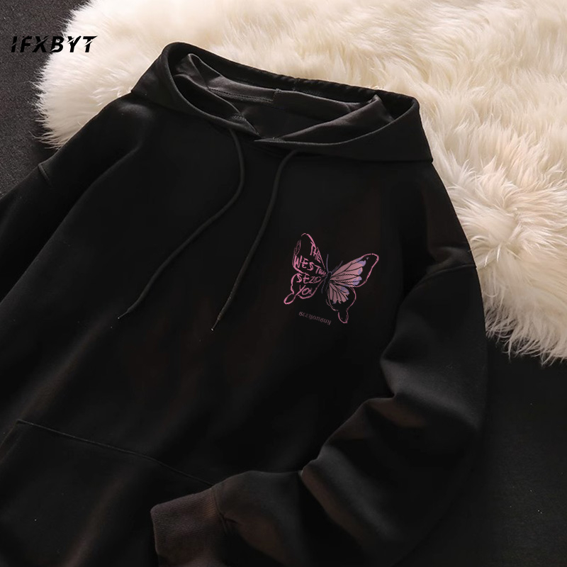 Áo Hoodie Cotton đen IFXBYT áo nỉ tay dài thời trang vintage in hình unisex 100% cotton-Y0488
