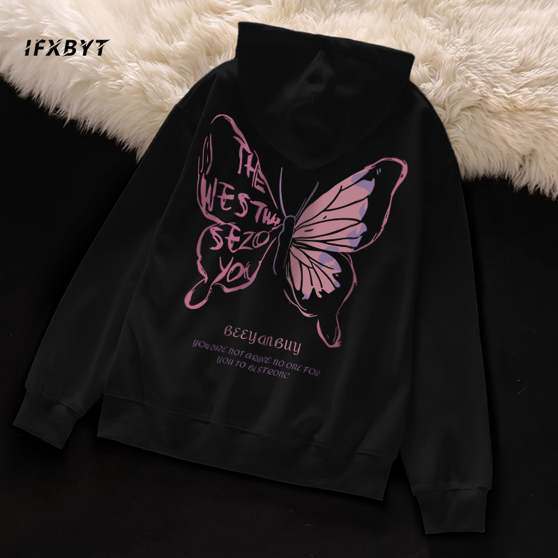 Áo Hoodie Cotton đen IFXBYT áo nỉ tay dài thời trang vintage in hình unisex 100% cotton-Y0488