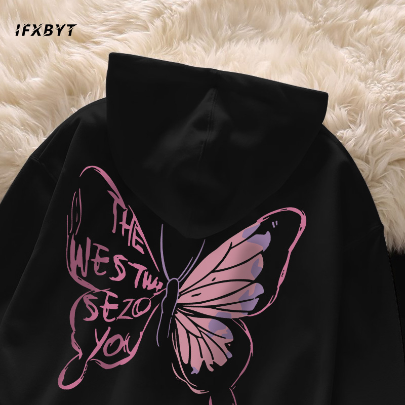 Áo Hoodie Cotton đen IFXBYT áo nỉ tay dài thời trang vintage in hình unisex 100% cotton-Y0488