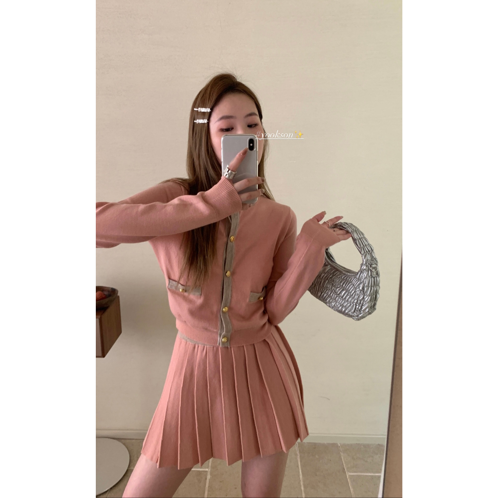 NUZIRO Set Áo Len Dài Tay Cổ Tròn + Chân Váy Xếp Ly Lưng Cao Thời Trang Nữ