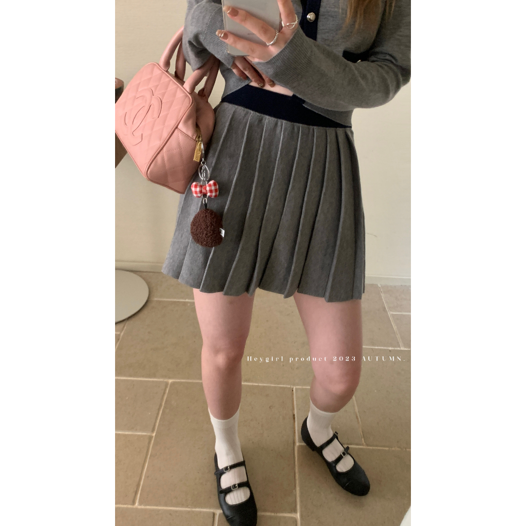 NUZIRO Set Áo Len Dài Tay Cổ Tròn + Chân Váy Xếp Ly Lưng Cao Thời Trang Nữ