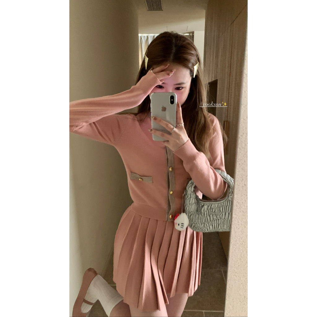 NUZIRO Set Áo Len Dài Tay Cổ Tròn + Chân Váy Xếp Ly Lưng Cao Thời Trang Nữ