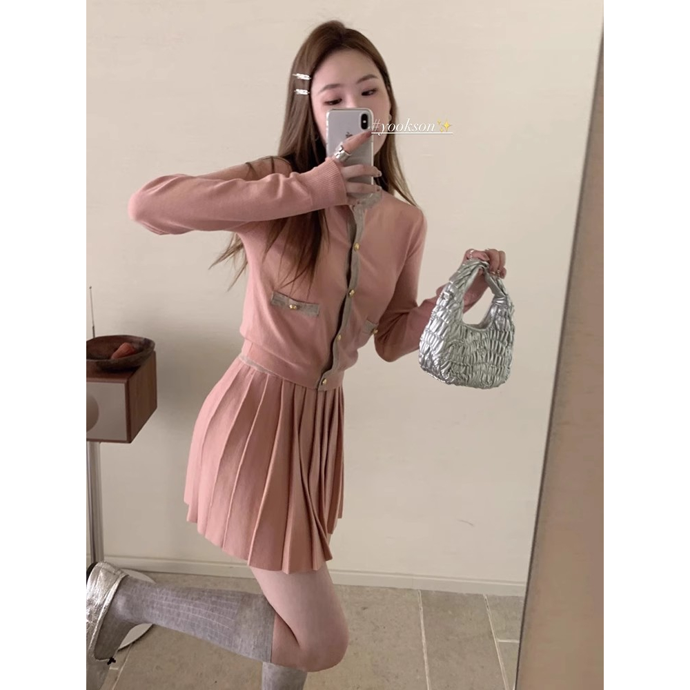 NUZIRO Set Áo Len Dài Tay Cổ Tròn + Chân Váy Xếp Ly Lưng Cao Thời Trang Nữ