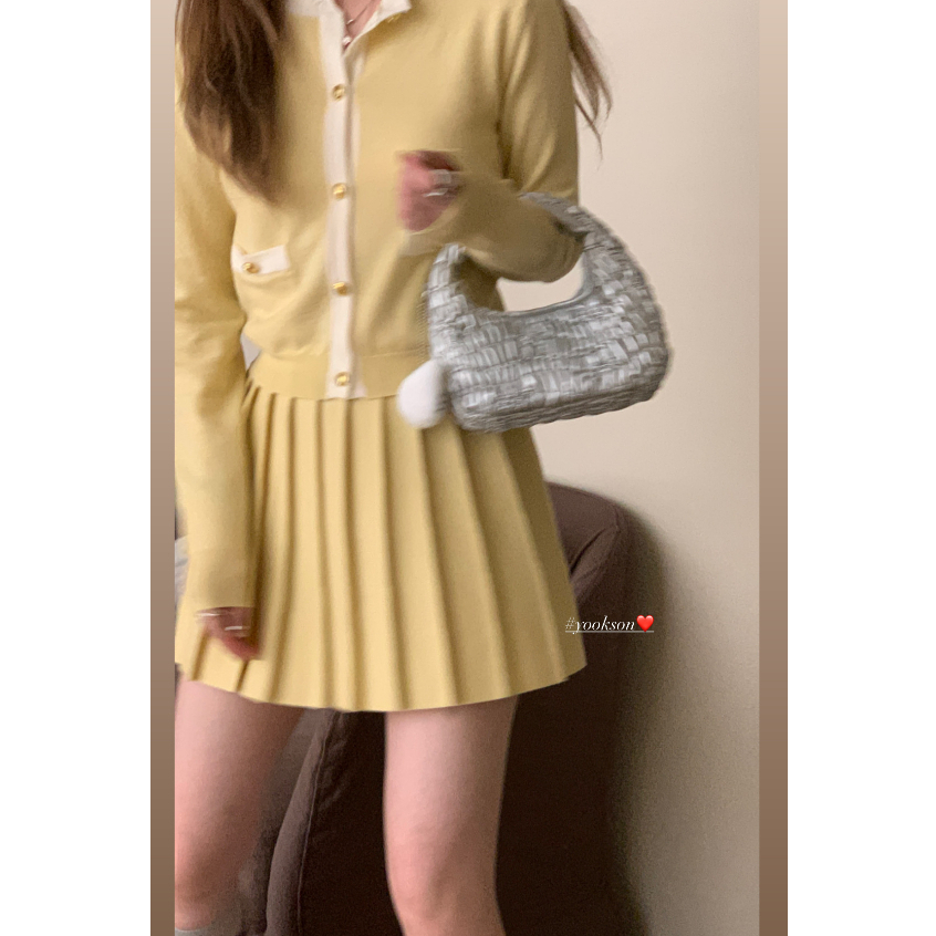 NUZIRO Set Áo Len Dài Tay Cổ Tròn + Chân Váy Xếp Ly Lưng Cao Thời Trang Nữ