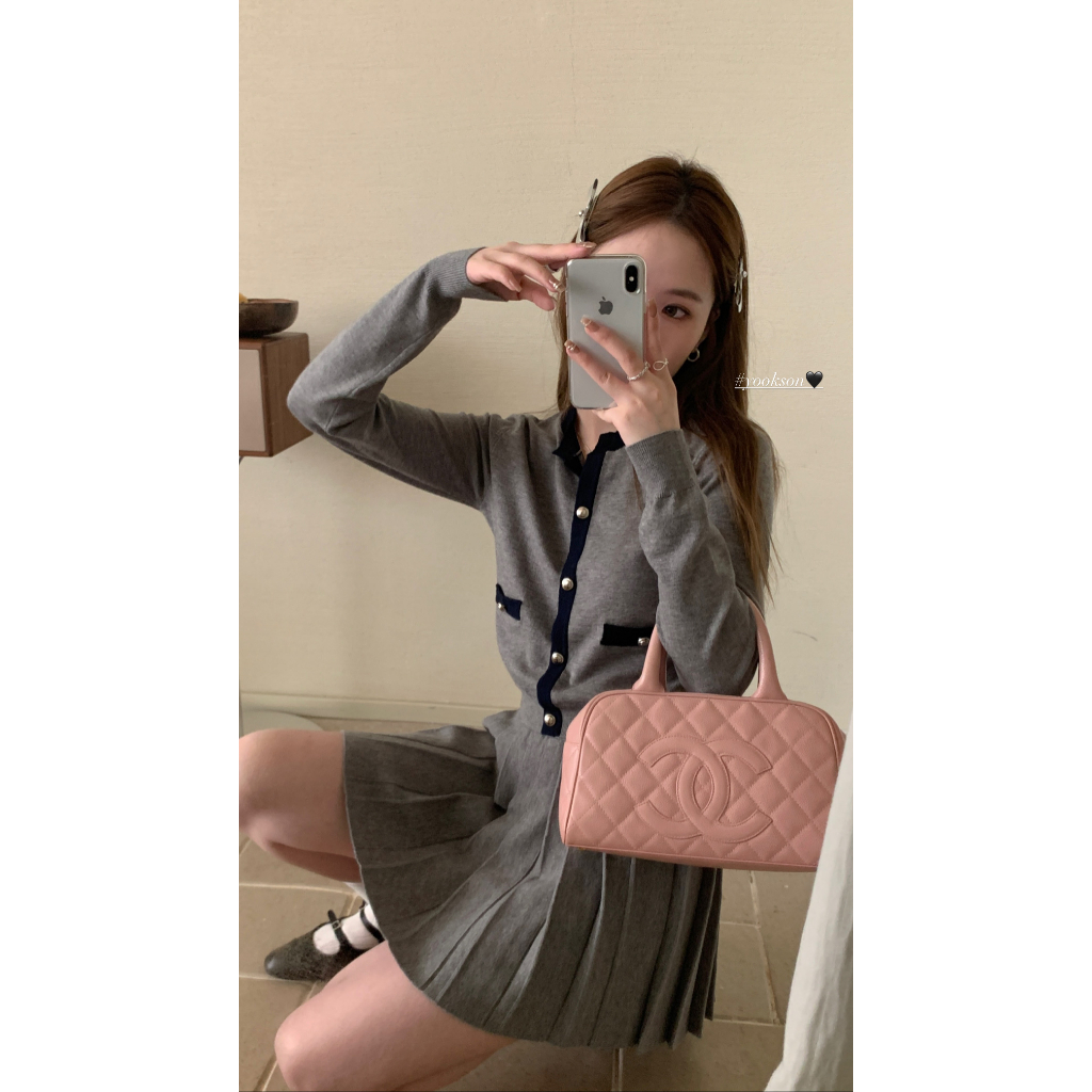 NUZIRO Set Áo Len Dài Tay Cổ Tròn + Chân Váy Xếp Ly Lưng Cao Thời Trang Nữ