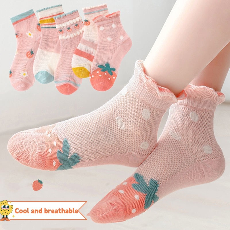Set 5 Đôi Vớ Cotton Phối Lưới In Họa Tiết Dễ Thương Phong Cách Hàn Quốc Thời Trang Mùa Hè Cho Bé Trai Và Gái