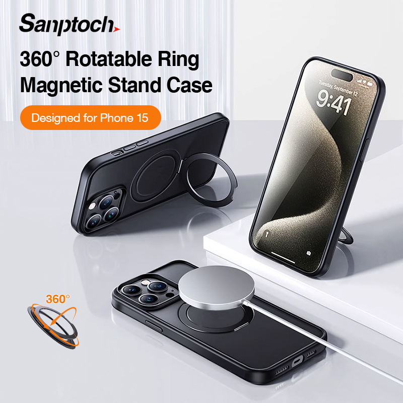 Máy Quay 360 Độ sanptoch 360 Độ° Ốp Điện Thoại Trong Suốt Chống Sốc Kèm Móc Xỏ Ngón Nam Châm Cho iphone 15 / 14 / 13 pro max 15 plus