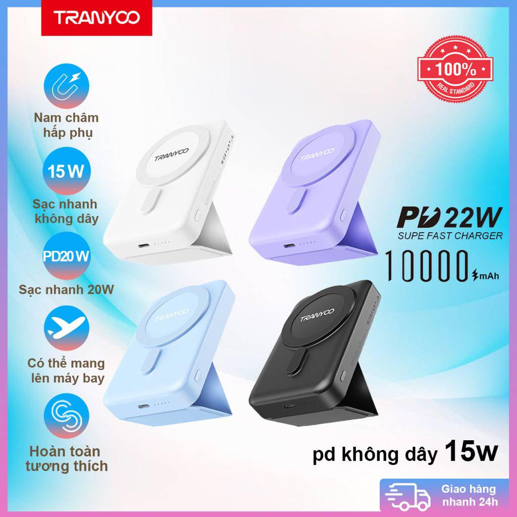 Sạc dự phòng không dây 10000mAh PD 20W sạc nhanh mini TRANYOO F24 phù hợp cho iPhone 12 13 14 Huawei, Xiaomi, Samsung, v.v.