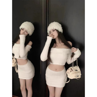  Klalien Bộ Áo Croptop Trễ Vai Dài Tay + Chân Váy Ngắn mini Màu Trắng Thời Trang Quyến Rũ Cho Nữ 