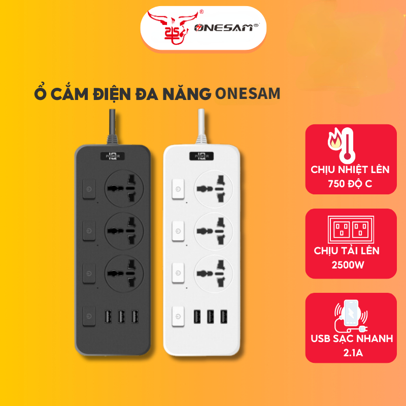 Ổ Cắm Điện Đa Năng Thông Minh ONESAM 3 Cổng USB Sạc Nhanh 5V-2.1A Công Suất 2500W Nhựa ABS Chống Cháy Dây Nối 2M T14