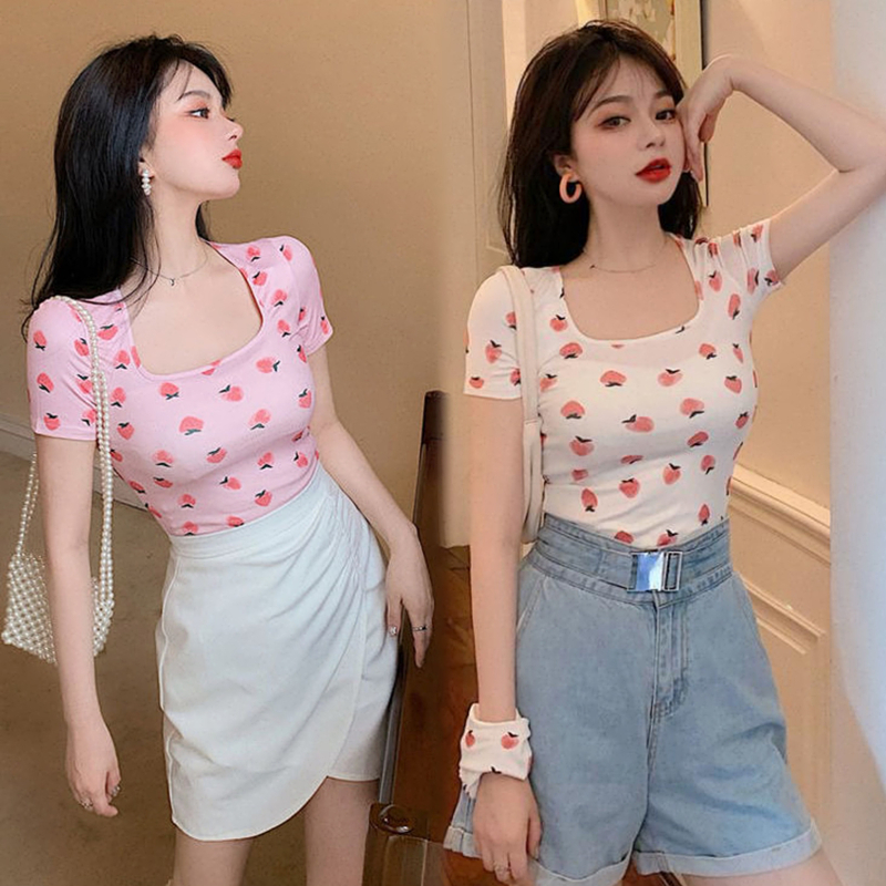 WANG JIAO ZHAN Áo croptop thun ngắn tay cổ vuông phù hợp cho nữ