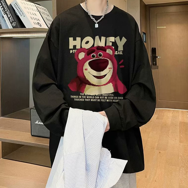 Áo hoodie cotton Tay Dài Cổ Tròn In Hình Gấu Và Dâu Tây Dễ Thương Phong Cách retro Dành Cho Nam