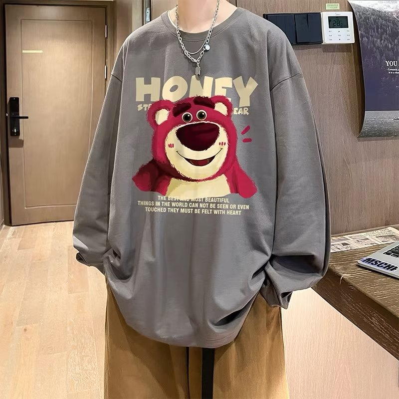 Áo hoodie cotton Tay Dài Cổ Tròn In Hình Gấu Và Dâu Tây Dễ Thương Phong Cách retro Dành Cho Nam