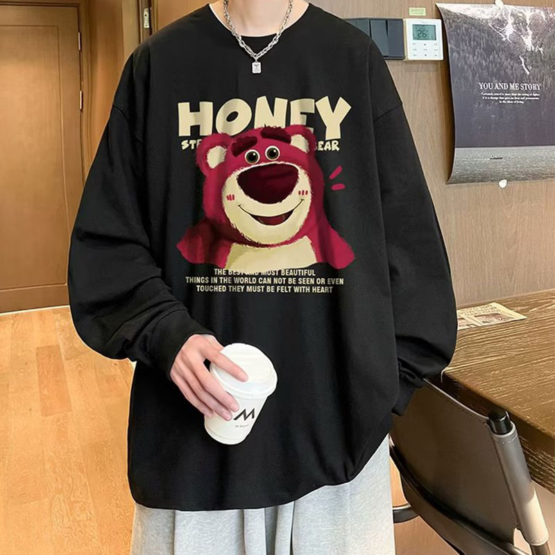 Áo hoodie cotton Tay Dài Cổ Tròn In Hình Gấu Và Dâu Tây Dễ Thương Phong Cách retro Dành Cho Nam