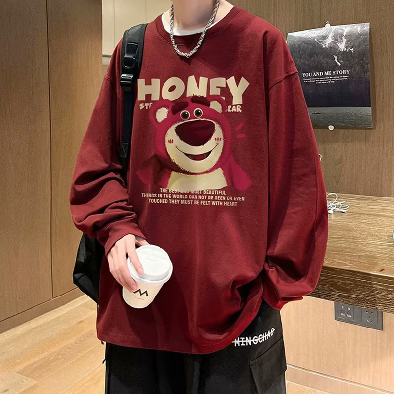 Áo hoodie cotton Tay Dài Cổ Tròn In Hình Gấu Và Dâu Tây Dễ Thương Phong Cách retro Dành Cho Nam