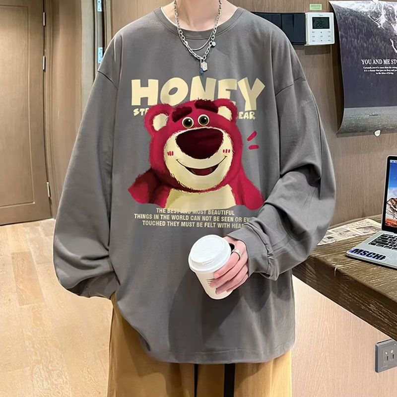 Áo hoodie cotton Tay Dài Cổ Tròn In Hình Gấu Và Dâu Tây Dễ Thương Phong Cách retro Dành Cho Nam