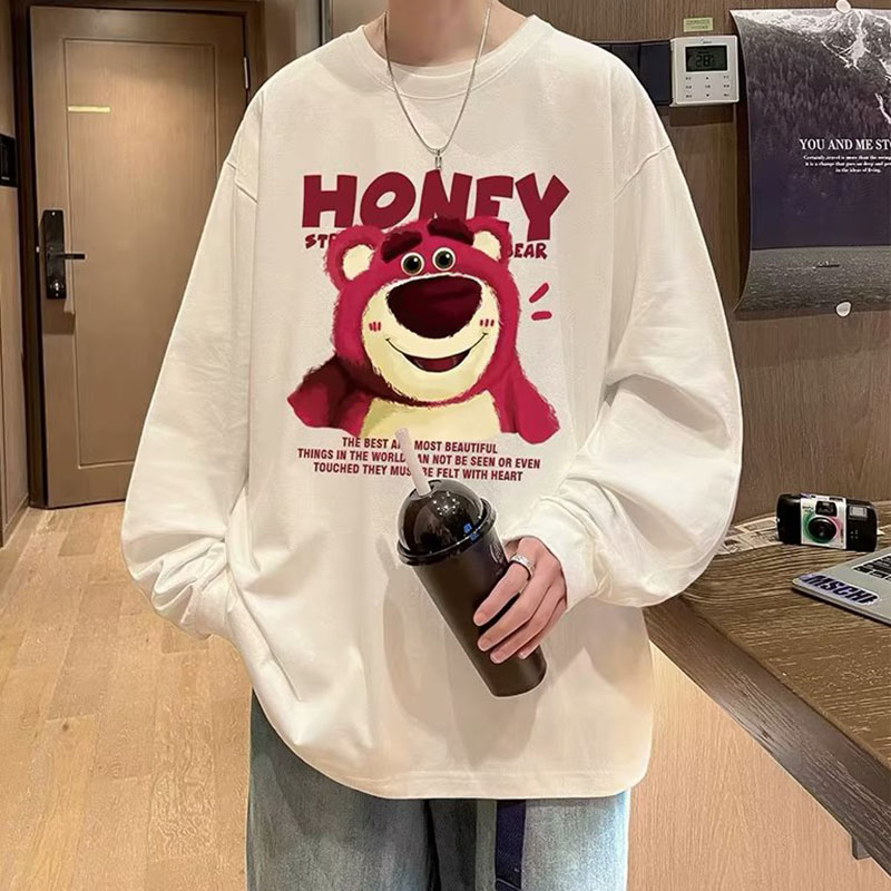 Áo hoodie cotton Tay Dài Cổ Tròn In Hình Gấu Và Dâu Tây Dễ Thương Phong Cách retro Dành Cho Nam