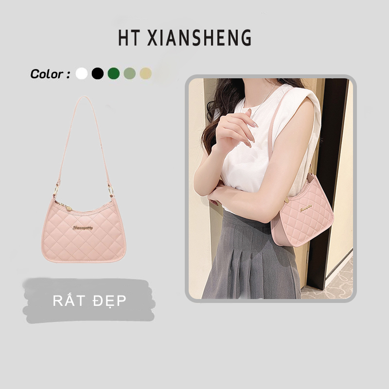 Túi xách đeo vai HTXIANSHENG bằng da PU thêu hoa văn có dây kéo màu trơn cho nữ